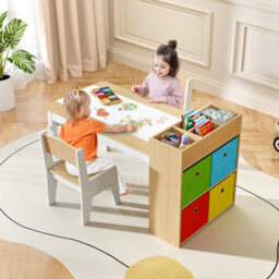 Gainoom Kids Art Table & Chairs Set W/paper Roll Wooden Kids Craft Study Desk W/storage Shelves - thumbnail 4