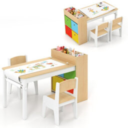 Gainoom Kids Art Table & Chairs Set W/paper Roll Wooden Kids Craft Study Desk W/storage Shelves
