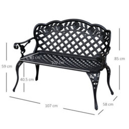 Outsunny Garden Bench Park Chair Cast Aluminium Outdoor 2-Seater Outdoor Black - thumbnail 3