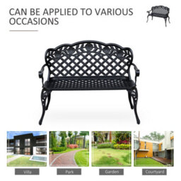 Outsunny Garden Bench Park Chair Cast Aluminium Outdoor 2-Seater Outdoor Black - thumbnail 6