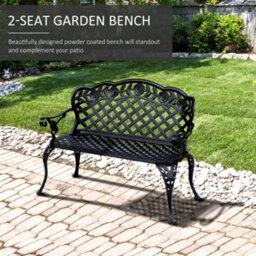 Outsunny Garden Bench Park Chair Cast Aluminium Outdoor 2-Seater Outdoor Black - thumbnail 4
