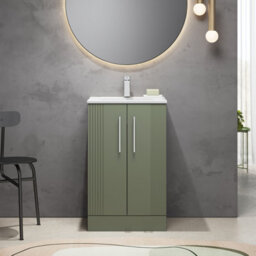 Balterley Belvide Partial Fluted 2 Door Floor Standing Vanity Unit With 1 Tap Hole Minimalist Basin - 500mm - Satin Green - thumbnail 2