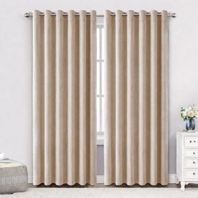 Bedlooms Beige Crushed Velvet Curtains Blackout Thermal Insulated Eyelet Curtain (Pair) 66 X 72 Inches With Tie Back Two - image 1