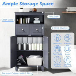 Costway Bathroom Floor Storage Cabinet Freestanding Storage Organizer With Doors-Grey - thumbnail 6