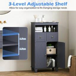Costway Bathroom Floor Storage Cabinet Freestanding Storage Organizer With Doors-Grey - thumbnail 7