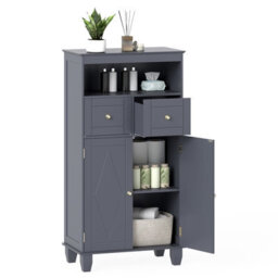 Costway Bathroom Floor Storage Cabinet Freestanding Storage Organizer With Doors-Grey - thumbnail 2