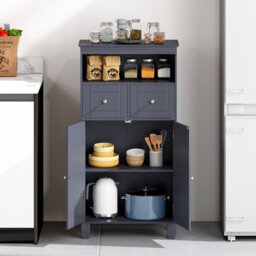 Costway Bathroom Floor Storage Cabinet Freestanding Storage Organizer With Doors-Grey - thumbnail 4