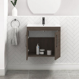 Royal Bathrooms Turin Grey Elm 600mm Wall Hung Vanity Unit 2 Door With Minimalist Basin Sink & Matt Black Handles - thumbnail 5