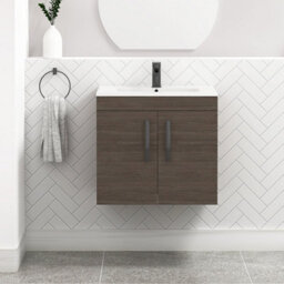 Royal Bathrooms Turin Grey Elm 600mm Wall Hung Vanity Unit 2 Door With Minimalist Basin Sink & Matt Black Handles - thumbnail 1