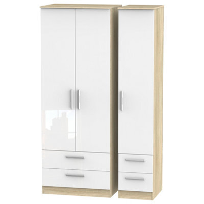Trent Tall Triple 4 Drawer Wardrobe In White Gloss & Bardolino Oak (Ready Assembled)