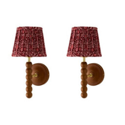 Valuelights Bobble Pair Burgundy Floral Pleat Shade Walnut Wood Wall Light And Bulb