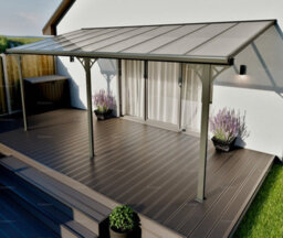 Aluminium Wall Mounted Pergola, Adjustable Pitch & Post Positions, Polycarbonate Roof Lean-To Gazebo - 8Ft X 10Ft (2.5X3.1M) - thumbnail 5