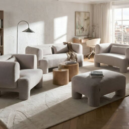 Beliani Home Living Room Dark Beige Curved Soft Fabric 3-Seater Sofa - 180Cm - thumbnail 1