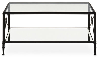 Orsina Rectangular Coffee Table, Black Finish Metal Frame With X Side Cross, Dual Tier Tempered Glass Shelves - image 1