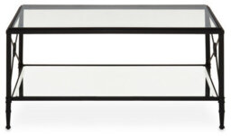 Orsina Rectangular Coffee Table, Black Finish Metal Frame With X Side Cross, Dual Tier Tempered Glass Shelves