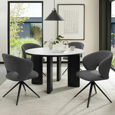 Xample Bentley Designs Alisa Round Sintered Stone Dining Table With 4 Grey Bouclé Swivel Chairs Matte White Top & Black Oak Legs - image 1