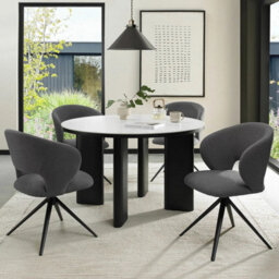 Xample Bentley Designs Alisa Round Sintered Stone Dining Table With 4 Grey Bouclé Swivel Chairs Matte White Top & Black Oak Legs - thumbnail 1
