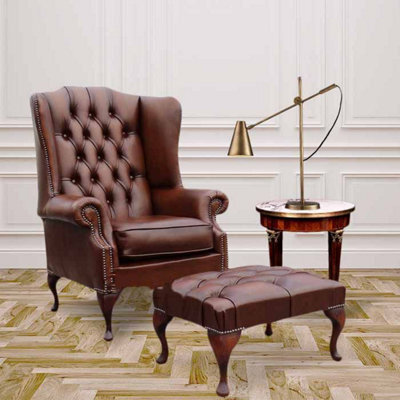 Chesterfield Prince's High Back Wing Chair + Footstool Antique Tan Leather In Mallory Style - image 1