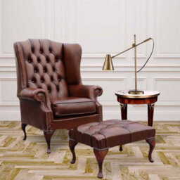 Chesterfield Prince's High Back Wing Chair + Footstool Antique Tan Leather In Mallory Style - thumbnail 1