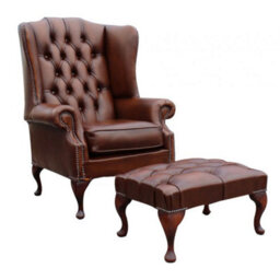Chesterfield Prince's High Back Wing Chair + Footstool Antique Tan Leather In Mallory Style - thumbnail 2