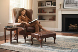 Chesterfield Prince's High Back Wing Chair + Footstool Antique Tan Leather In Mallory Style - thumbnail 3
