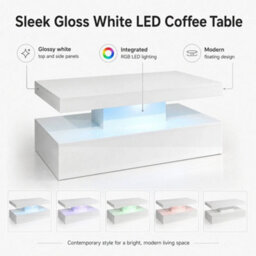 White Gloss Coffee Table 90Cm Led Lights Modern Living Room Table - thumbnail 2