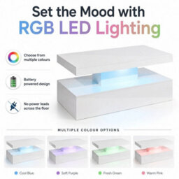 White Gloss Coffee Table 90Cm Led Lights Modern Living Room Table - thumbnail 3