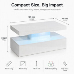 White Gloss Coffee Table 90Cm Led Lights Modern Living Room Table - thumbnail 4