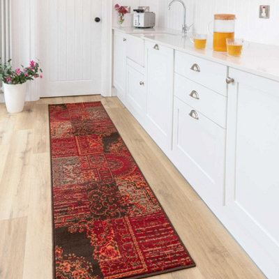 Loomed Red Brown Traditional Patchwork Living Room Runner Rug 60X240Cm - image 1