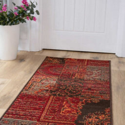 Loomed Red Brown Traditional Patchwork Living Room Runner Rug 60X240Cm - thumbnail 2