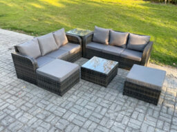 Fimous 8 Seater Outdoor Rattan Garden Furniture Set Conservatory Patio Sofa Coffee Table With 2 Big Footstool Side Table - thumbnail 2