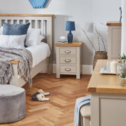 The Furniture Market Cotswold Grey Painted 3 Drawer Bedside Table Light Grey Satin Finish, Natural Oak Top, Brushed Steel Cup Handles, Fully Assembled - thumbnail 3