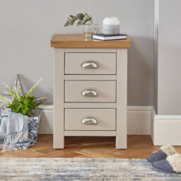 The Furniture Market Cotswold Grey Painted 3 Drawer Bedside Table Light Grey Satin Finish, Natural Oak Top, Brushed Steel Cup Handles, Fully Assembled - thumbnail 2