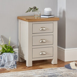 The Furniture Market Cotswold Grey Painted 3 Drawer Bedside Table Light Grey Satin Finish, Natural Oak Top, Brushed Steel Cup Handles, Fully Assembled - thumbnail 1