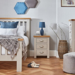 The Furniture Market Cotswold Grey Painted 3 Drawer Bedside Table Light Grey Satin Finish, Natural Oak Top, Brushed Steel Cup Handles, Fully Assembled - thumbnail 4