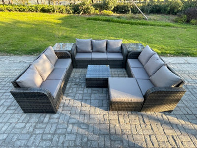 Fimous Rattan Outdoor Furniture Set Patio Garden Sofa Set With Square Coffee Table Big Footstool 2 Side Tables Dark Grey Mixed - image 1