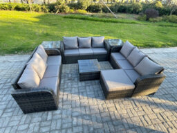 Fimous Rattan Outdoor Furniture Set Patio Garden Sofa Set With Square Coffee Table Big Footstool 2 Side Tables Dark Grey Mixed - thumbnail 2