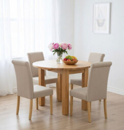 Hallowood Furniture Waverly Drop Leaf Round Table With 4 Roll Top Linen Fabric Chairs (Cream)