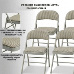 Metal Folding Chair Beige Fabric Foldable Padded Seat For Home Office Chairs New 3 - thumbnail 3