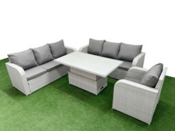 Fimous 7 Seater Poly Rattan Outdoor Garden Furniture Adjustable Lifting Dining Or Coffee Table Sofa Set Light Grey - thumbnail 1