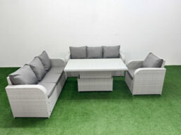 Fimous 7 Seater Poly Rattan Outdoor Garden Furniture Adjustable Lifting Dining Or Coffee Table Sofa Set Light Grey - thumbnail 2