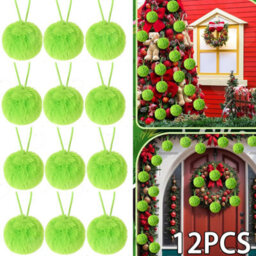 Amorly 12Pcs 2.36 Inch Lime Green Furry Christmas Tree Baubles, Faux Fur Pom Pom Hanging Ornaments For Festive Xmas Home Styling - thumbnail 1