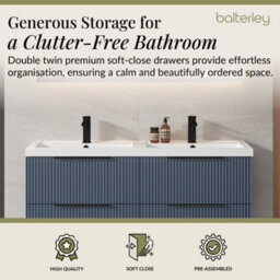 Balterley Fluted Front Wall Hung 4-Drawer Bathroom Vanity Unit With Double Basin, 1200mm, Satin Blue, Black Handles - thumbnail 3
