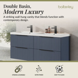 Balterley Fluted Front Wall Hung 4-Drawer Bathroom Vanity Unit With Double Basin, 1200mm, Satin Blue, Black Handles - thumbnail 2