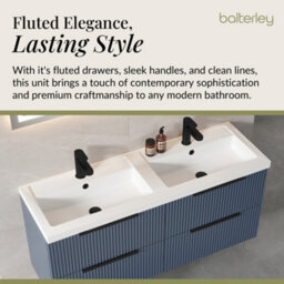 Balterley Fluted Front Wall Hung 4-Drawer Bathroom Vanity Unit With Double Basin, 1200mm, Satin Blue, Black Handles - thumbnail 4