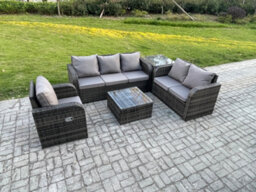 Fimous Rattan Garden Furniture 5 Piece Patio Set With Table Sofa Square Coffee Table Reclining Chair Loveseat Sofa Side Table - thumbnail 2