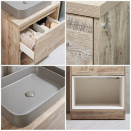 Homestylestore Light Oak 600mm Led Lit Bathroom Vanity Unit Rectangular Pebble Countertop Basin Open Shelf - thumbnail 2