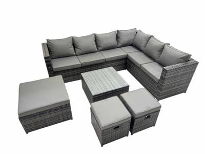 Fimous Outdoor Pe Rattan Garden Furniture Sofa Set With Square Coffee Table 3 Stools Dark Grey - image 1
