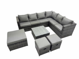Fimous Outdoor Pe Rattan Garden Furniture Sofa Set With Square Coffee Table 3 Stools Dark Grey - thumbnail 1