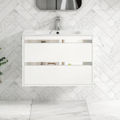 Royal Bathrooms Orion 800mm Matt White 2 Drawer Wall Hung Bathroom Vanity Unit With Carrara White Basin & Chrome Accent Trim - image 1